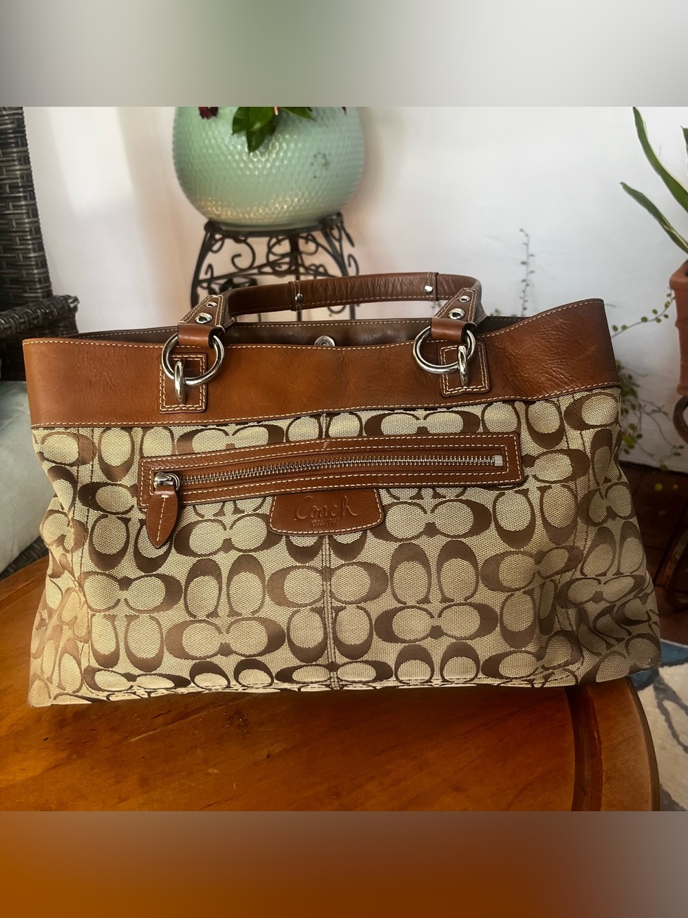 Coach Brown and Cream Signature Canvas Tote with Leather Trim - Picture 4 of 10